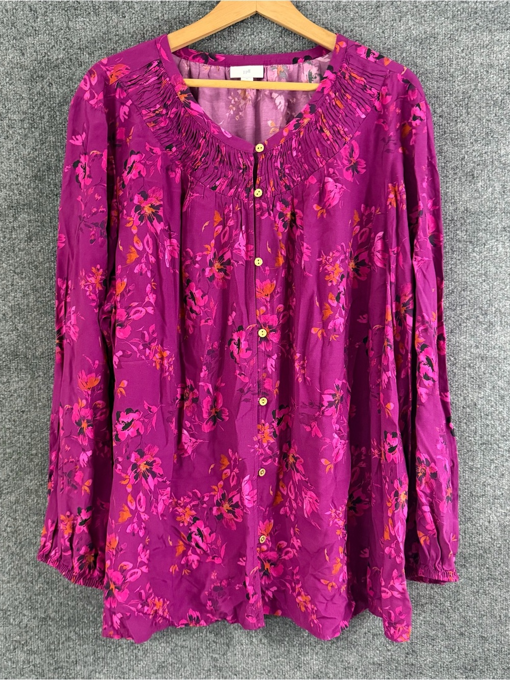J Jill Womens 3X Floral Top Fuchsia Long Sleeve V Neck Office Career Feminine